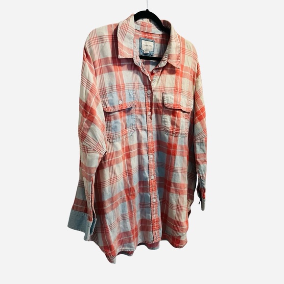 American Eagle Go Big Beach flannel oversized button up shirt in pink and blue M - Picture 5 of 15